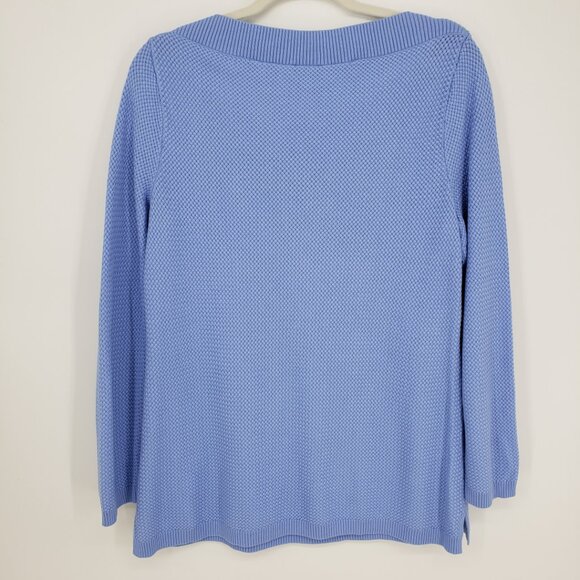 Talbots Basket Weave Knit Tunic Sweater L Bateau Boat Neck Anchor Buttons Blue - Picture 3 of 8